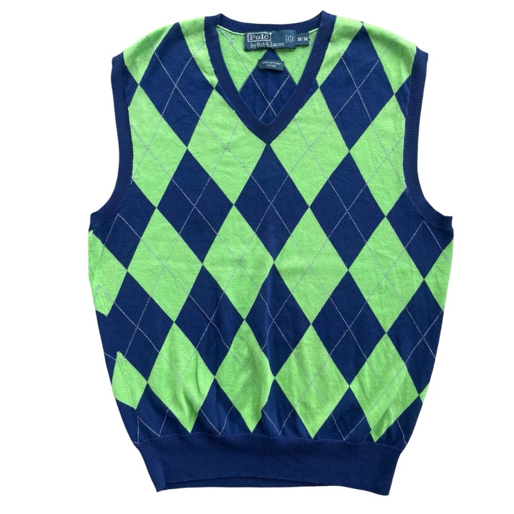 Polo by Ralph Lauren V-Neck Argyle Sweater Vest - Navy & Bright Green